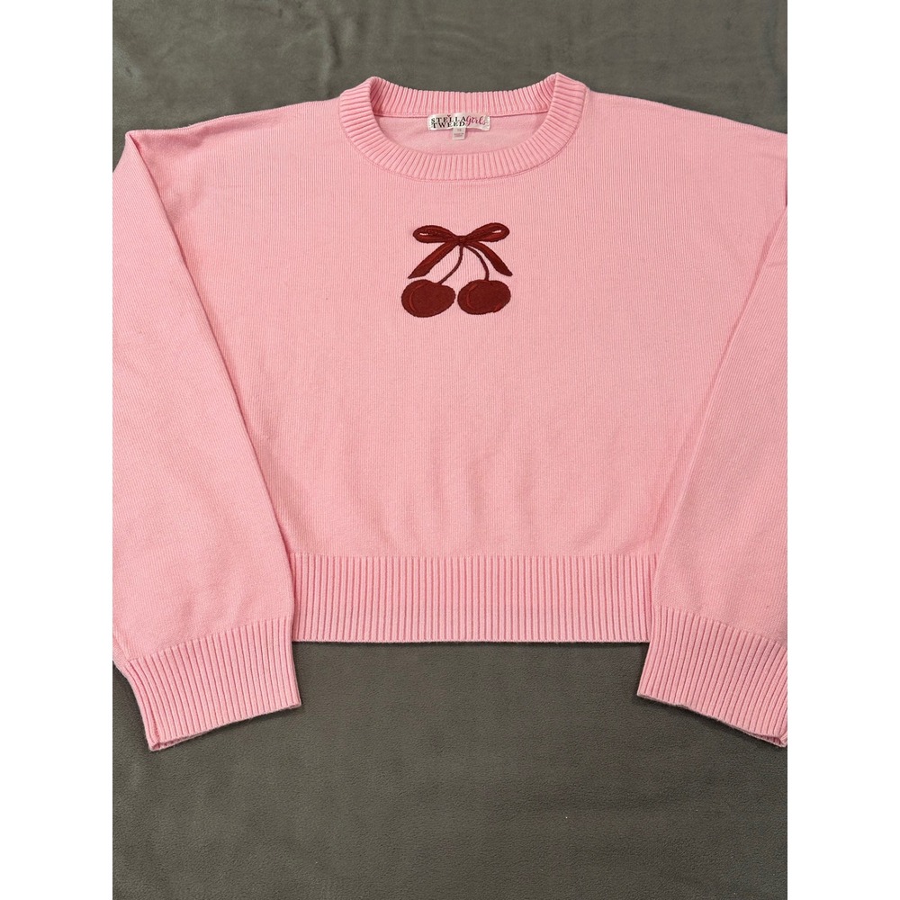 Stella Tweed Girls Pink Cherry Bow Embroidered Knit Crewneck Sweater Size 16